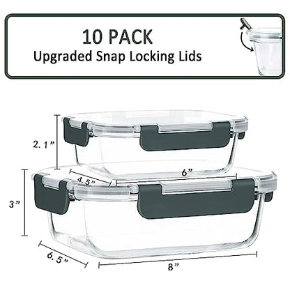 [10-Pack] MCIRCO Glass Meal Prep Containers With Lids, Food Storage With Snap Locking Lids, Airtight Lunch Boxes, Microwave, Oven, Freezer and Dishwasher Safe