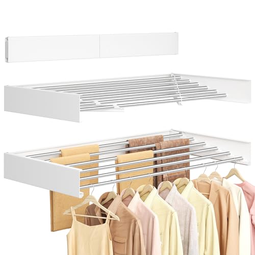 SONGMICS Wall Mounted Drying Rack, Clothes Drying Rack Foldable, 100 cm Wide Laundry Clothes Airer with Wall Template, 6 Fold-Out Aluminum Alloy Bars, Indoor, Matte White ULLR810WE01