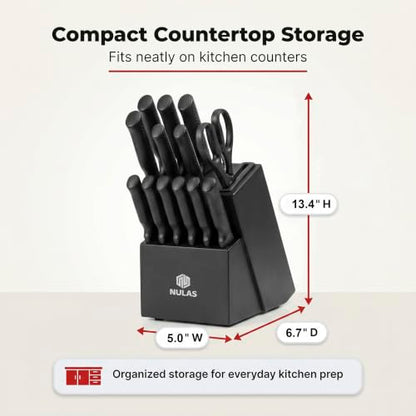 Knife Set, 15 Piece Kitchen Set with Block, Self Sharpening, Dishwasher Safe, 6 Steak Knives, Anti-Slip Handle, Black