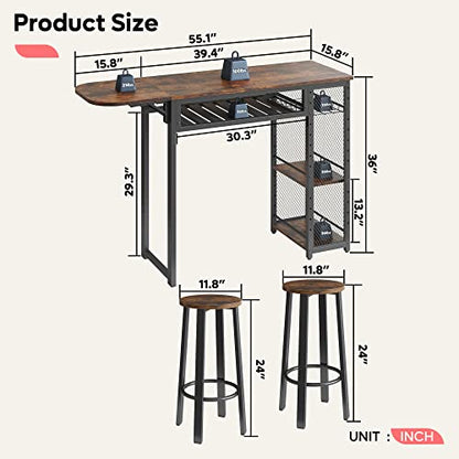 Bestier Bar Table and Chair Set, Industrial Expandable Dining Table with 2 Bar Stools, Kitchen Counter with Wine Rack & 3 Tier Adjustable Storage Shelves Rustic Brown