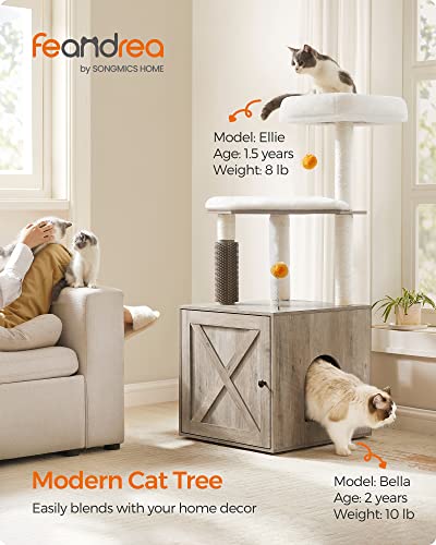 Feandrea Cat Tree with Litter Box Enclosure, 2-in-1 Modern Cat Tower for Indoor Cats, 52.8-Inch Cat Condo with Self Groomer, Scratching Posts, Washable Cushions, Greige UPCT115G01