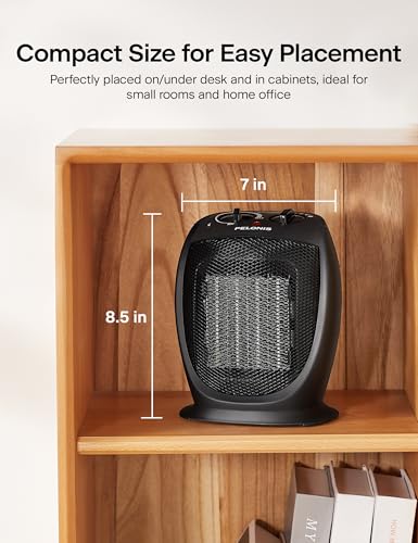 PELONIS Portable Electric Space Heater, 1500W Ceramic Heaters for Home, Office, Personal Use, Quiet Cooling & Heating Mode Room Heater for All Season, Tip Over & Overheat Protection, Black, 9inch