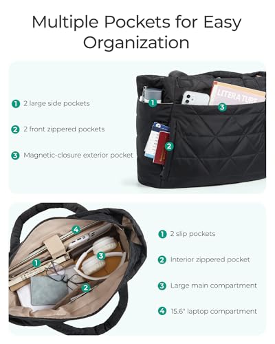 BAGSMART Puffer Tote Bag for Women, Quilted Work Bag with Zipper, Shoulder Bag for Travel Gym Commute with Compartments, Black
