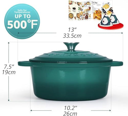 Overmont Enameled Cast Iron Dutch Oven - Lid Cookbook 5.5QT Darkcyan