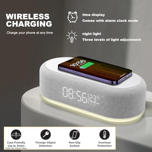 4 in 1 Wireless Charger with Alarm Clock Digital, 15W Wireless Fast Charger Station for iPhone/Samsung/Pixel,LED Display with Temperature,3 Dimmable Night Light and USB Charger (White)