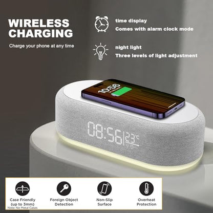 4 in 1 Wireless Charger with Alarm Clock Digital, 15W Wireless Fast Charger Station for iPhone/Samsung/Pixel,LED Display with Temperature,3 Dimmable Night Light and USB Charger (White)