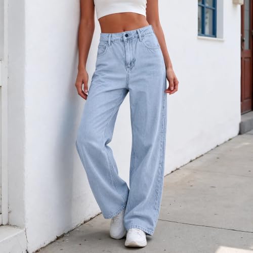 VOJJAEW Jeans for Women Straight Leg High Waist Denim Pants Casual Fall Daily Classic Trendy Trousers Clothing with Pockets Baggy Jeans Women Light Blue Medium