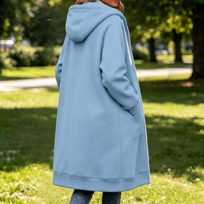 Zip Up Fleece Hoodie Women Long Womens Jacket Long Hoodies for Women Plus Size Zip Up Jacket with Hood Knee Length Cardigan Coat Casual Fleece Sweatshirt Full Zipper Light Blue,XL