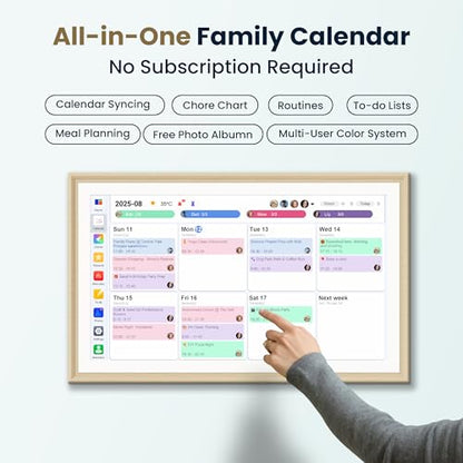 Winnovo 15.6-Inch Smart Digital Calendar & Photo Frame for Family, Wall Planner with Light Wood Frame, Auto-Sync to Apple, Google & Outlook, Touchscreen Display with Chore Chart, To-Do Lists & Meal Planner, No Subscription