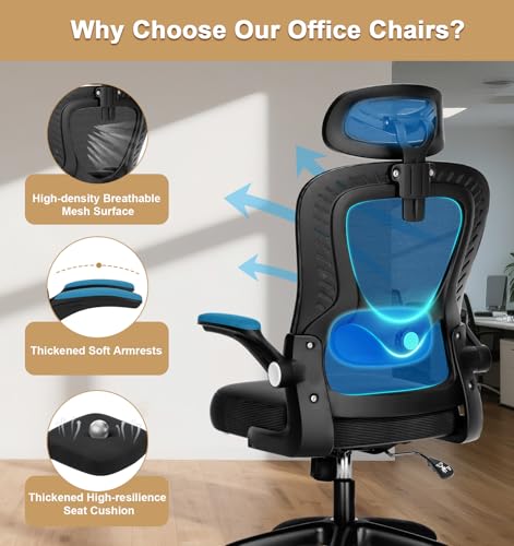 Office Chair, SPRDENG Ergonomic Office Chair with Two-Way Adjustable Lumbar Support & Headrest, High Back S-Shaped Computer Chair with Flip-up Padded Armrests, Swivel Task Chair for Home Office