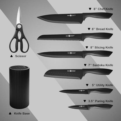 NULAS Knife Set, 8-Piece Kitchen Knife Set with Universal Block - Anti-Rust Chef Knives, Ergonomic Design, Dishwasher Safe
