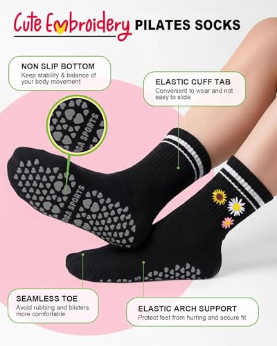 DHSO Pilates Socks with Grips for Women, Cute Non Slip Yoga Crew Socks