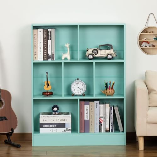 LEYAOYAO 7 Cube Bookshelf with Base,3 Tier Mid-Century Modern Bookcase,Standing Wide Bookshelves Storage Organizer Shelf,Rustic Wood Display Cabinet Book Shelves for Bedroom,Living Room,Office,Green