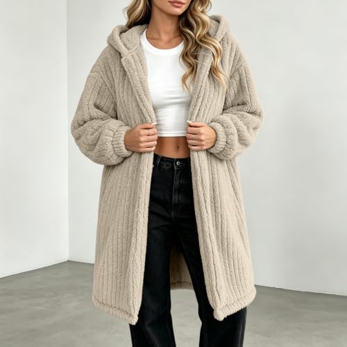 Generic Veste Polaire Femme, Women Warm Open Front Hooded Sherpa Jacket