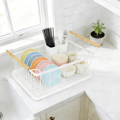 Fvellix Dish Racks for Kitchen Counter, Thickened Metal Dish Drying Rack with Wooden Handles, Kitchen Countertop Organizer for Dishes, Spoons and Forks, No Assembly, White, 16.7''*12.6''*5.12''