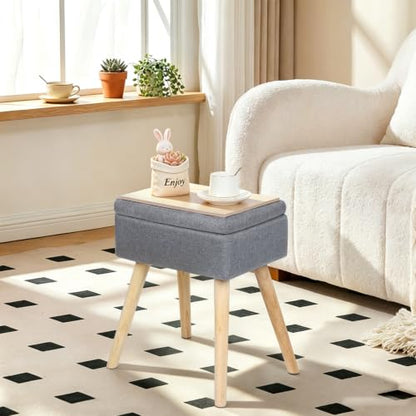 Vanity Stool with Storage, Vanity Chair with Solid Wood Legs, Grey