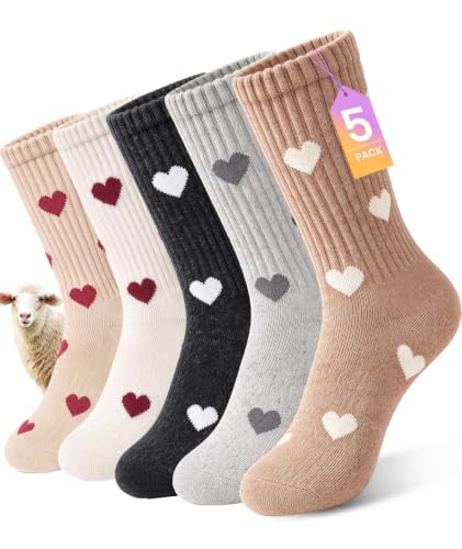 SIMIYA 5 Pairs Merino Wool Socks for Women Warm Extra Thick Winter Thermal | Super Warm for Cold Weather, Cozy Soft, Moisture-Wicking, Reinforced Toe, Crew Hiking Socks for Work Daily, Fun Cute Design