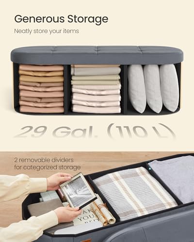 SONGMICS Folding Ottoman with Storage, Oval Storage Ottoman Bench, for Living Room, Velvet Fabric, 38 x 110 x 38 cm, Slate Gray ULSF297GN01