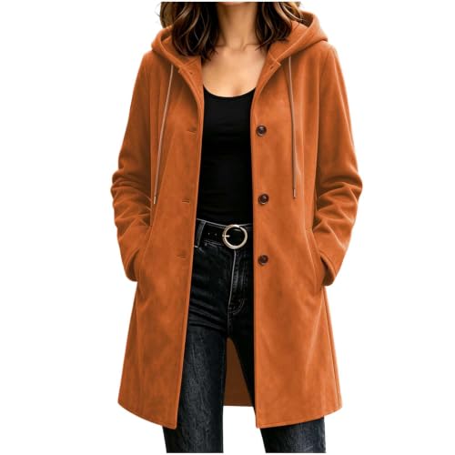 Womens Trench Coat Faux Suede Hooded Long Jacket Button Down Long Pea Coat