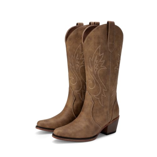 DREAM PAIRS Women's Cowboy Cowgirl Western Boots,All Brown,8
