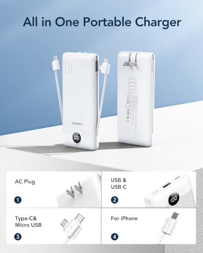 VEGER Portable Charger with Built-in Cables & AC Plug, 10000mAh Power Bank