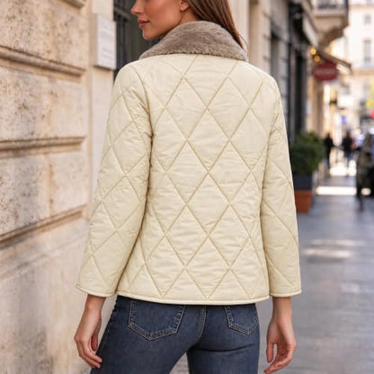 Women's Lightweight Quilted Jacket Faux Fur Collar Short Padded Coat Button Down Casual Mild Weather Outerwear with Pockets