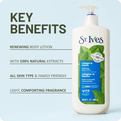 St. Ives Renewing Body Lotion dry skin moisturizer for beautiful, supple skin Collagen Elastin made with 100% naturally sourced moisturizers 600 mL