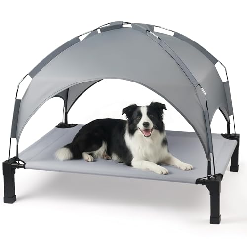 Heeyoo Elevated Dog Bed with Removable Canopy, Portable Raised Dog Cot | Pet Cooling Cot Bed for Dogs with Sun Protection Shade Tent,Grey 42in