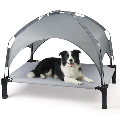Heeyoo Elevated Dog Bed with Removable Canopy, Portable Raised Dog Cot | Pet Cooling Cot Bed for Dogs with Sun Protection Shade Tent,Grey 42in