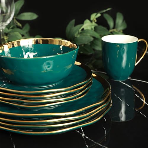Stone Lain Gold Halo Porcelain Dinnerware Set, Service for 4, Green