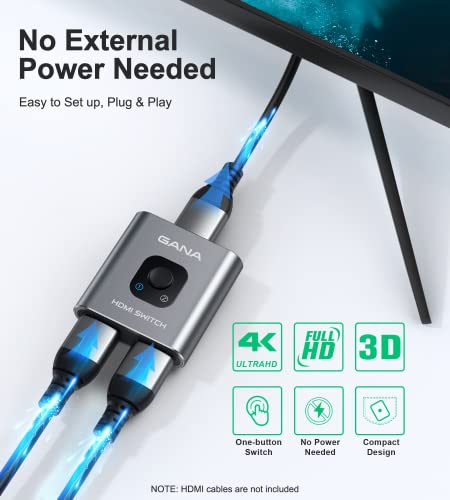 HDMI Switch 4K HDMI Splitter - Gana Prime Aluminum Bi-Directional HDMI Switcher 1 in 2 Out (Single Display) or 2 Input 1 Output, Supports 4K 3D HD 1080P for Xbox PS4 Roku HDTV etc. （Grey…