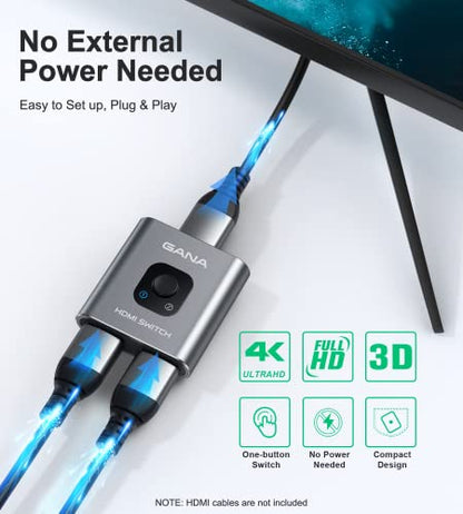 HDMI Switch 4K HDMI Splitter - Gana Prime Aluminum Bi-Directional HDMI Switcher 1 in 2 Out (Single Display) or 2 Input 1 Output, Supports 4K 3D HD 1080P for Xbox PS4 Roku HDTV etc. （Grey…