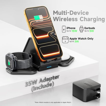 3 in 1 Charging Station, for Mag Safe Wireless Charger Stand, 15W Multiple Device Magnetic Charging Station for iPhone 16,15,14,13,12 Series, Apple Watch, AirPods (USB-C Charger Included)