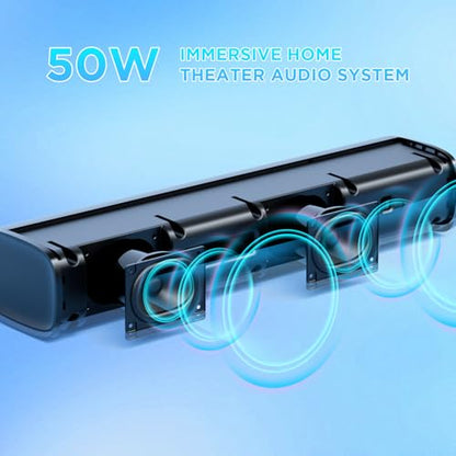 MZEIBO 50W Mini TV Soundbar, Bluetooth Speaker with ARC, Optical and AUX Input, Compact Home Theater Surround Sound Bar for TV, PC and Projector