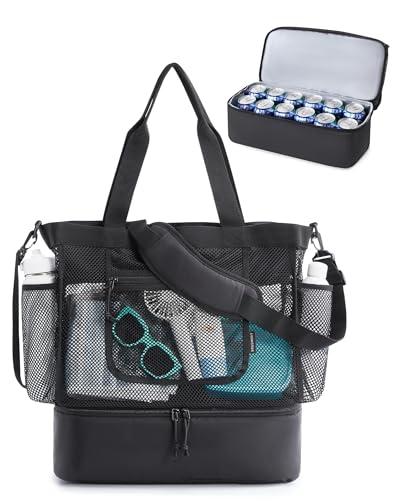 BAGSMART Beach Bag for Women, Mesh Tote Bag with Zipper and Insulated Cooler, Sandproof Pool Cruise Swim Vacation, Black