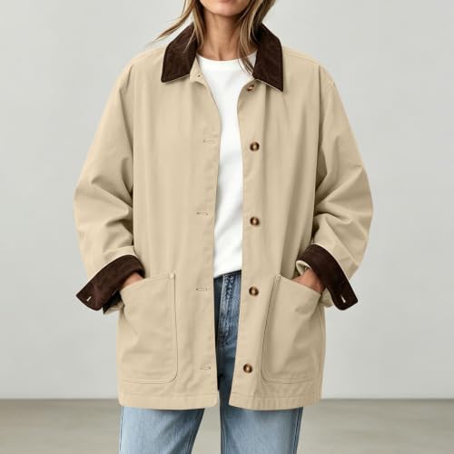 Womens Jackets Trendy 2026 Fall Jackets for Women Corduroy Collar Rollable Contrast Cuffs Travel Coat Button Front Winter Workwear With Pocket Khaki Large