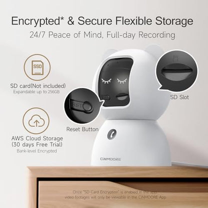 CINMOORE 2.5K Pet Camera, Indoor Security Cam, Free AI Pet/Person/Cry Detection, Dog/Cat/Baby Monitor Pan Tilt 2.4GHz WiFi, Night Vision, Full Duplex Audio Caméra Surveillance Intérieur