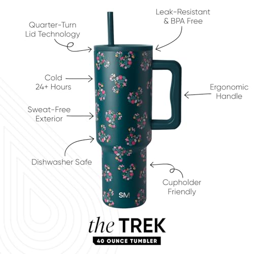 Simple Modern 40 oz Disney Trek Tumbler with Handle and Straw | Insulated Stainless Steel Water Bottle Iced Coffee Cup Travel Mug | 40 oz | Mickey Mouse Floral Riptide