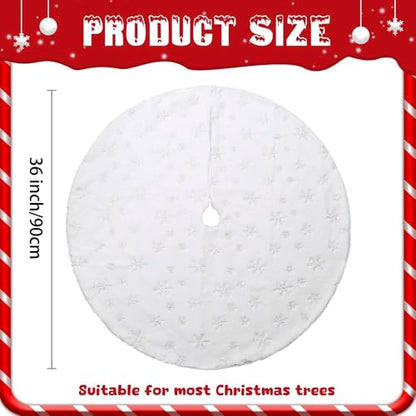 36 Inch Luxury White Faux Fur Tree Skirt with Silver Snowflake Sequins, HAOSHUOGE - Large Plush Christmas Tree Mat for Winter, Soft and Cozy Christmas Tree Decoration