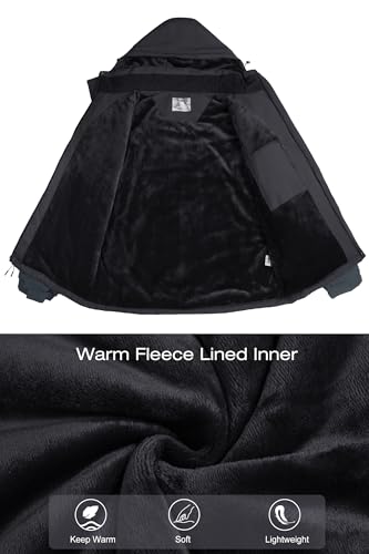 CAMELSPORTS Mens Winter Jacket Waterproof Warm Snow Ski Jackets Faux Fur Fleece Rain Coats with Removable Hood, B-black, Large