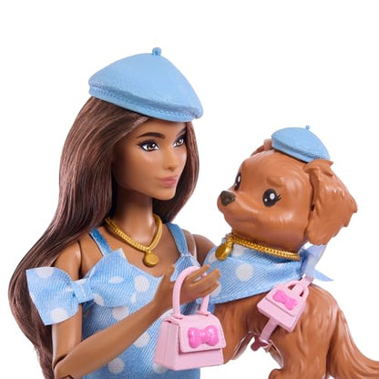 Barbie Twinning Looks Doll and Pet Dog in Matching Outfit and Accessories