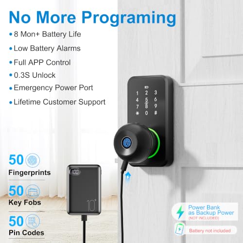 Smart Door Lock Knob Keyless Entry Door Lock Fingerprint Keypad | Touchscreen Keypad, Electronic Digital Code for Front Door, App Remote Control, Easy Installation, Smart Home