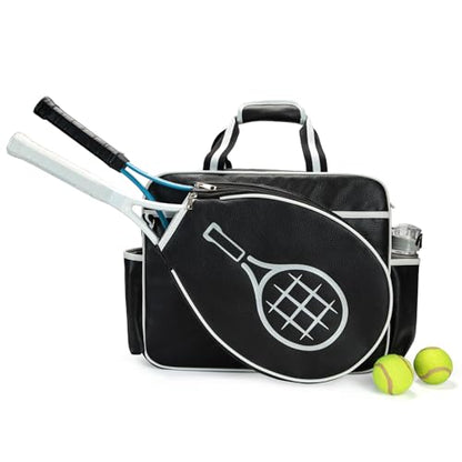 Tennis Bags Tennis Tote Bags Black PU Leather Women Men Women Portable Gym Bag Water Bottle Holder Sport Shoulder Straps Rackets Shoulder Bag Can Hold 2 Rackets