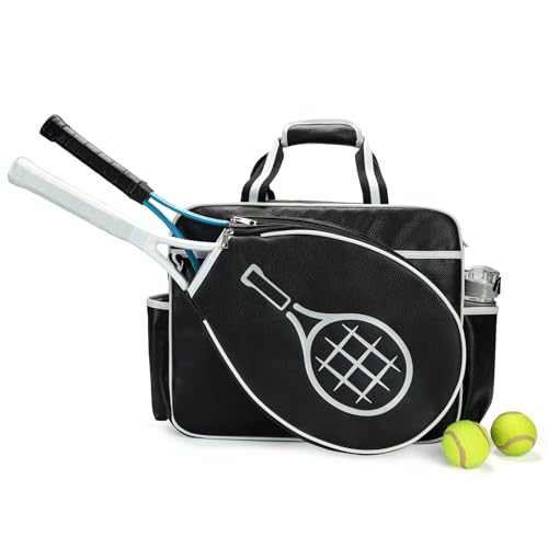 Tennis Bags Tennis Tote Bags Black PU Leather Women Men Women Portable Gym Bag Water Bottle Holder Sport Shoulder Straps Rackets Shoulder Bag Can Hold 2 Rackets