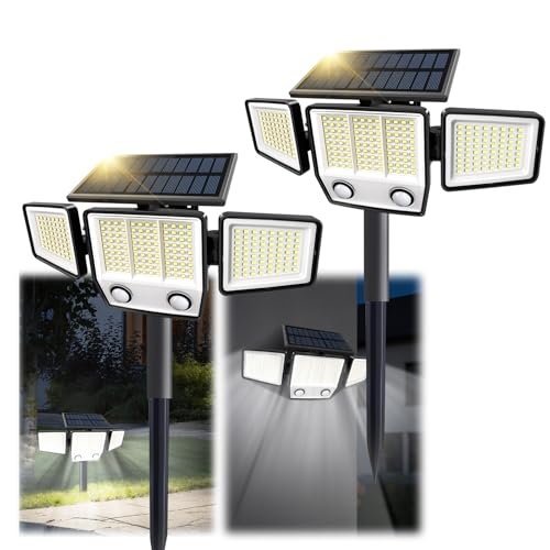 Solar Motion Sensor Outdoor Lights Waterproof - 3000LM Solar Security Lights Outdoor 270° Illumination IP65 LED Solar Flood Wall Light for Garden (with Stakes, 2)