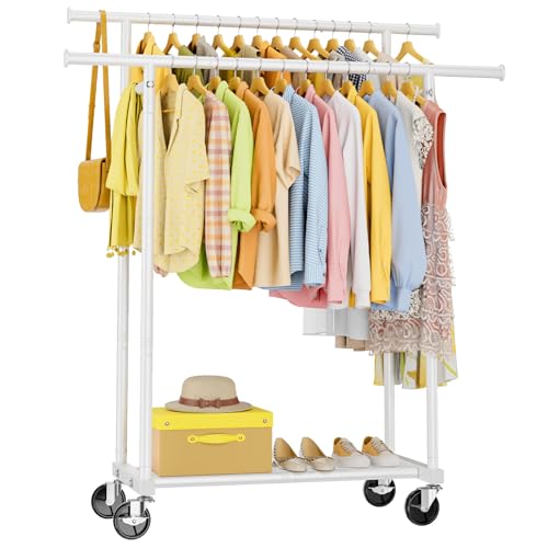 HYSEYY Double Rods Clothes Rack, Rolling Clothing Rack, Metal Garment Rack with 4 Lockable Wheels & Storage Shelf, Sturdy Coat Rack for Bedroom, Laundry, Living Room - 160H x 113W x 42D cm (White)