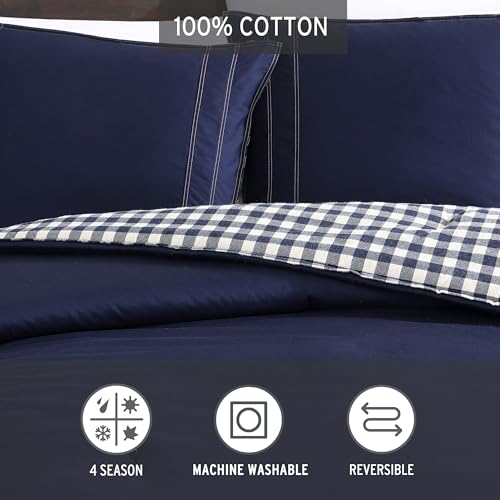 Eddie Bauer - Twin Comforter Set, Reversible Cotton Bedding with Matching Sham, Pre-Washed for Added Softness (Kingston Navy, Twin)