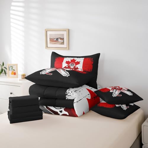 Feelyou Kids Ice Hockey Comforter Set 7 Pieces Twin Size Canada Flag Bedding Set for Boys Girls Winter Sports Hobby Bed in a Bag with Comforter, Sheets, Pillowcases & Cushion Covers
