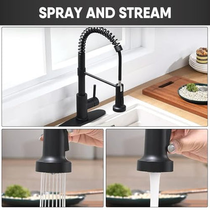 GIFTQOOL Commercial Kitchen Faucet with Pull Down 2 Modes Sprayer, 360° Swivel for Full Sink Coverage High-Arc Spring Design, Stainless Steel Single Handle 1 Hole Modern Taps, Matte Black