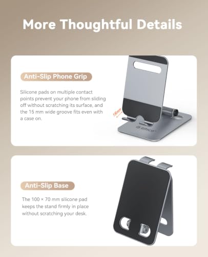 ORICO Heavy Duty Metal Phone Stand for Desk, Adjustable Cell Phone Holder | 7.8 oz Weighted Metal Design With 180° Dual-Axis Tilt, Full Silicone Anti-Scratch Base, Stable Support - PS3, Gray
